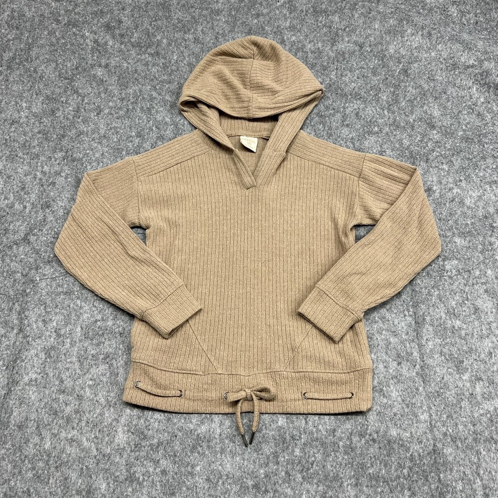Freely Sweater Womens M Beige Hooded V Neck Knit Pullover Drawstring Pockets